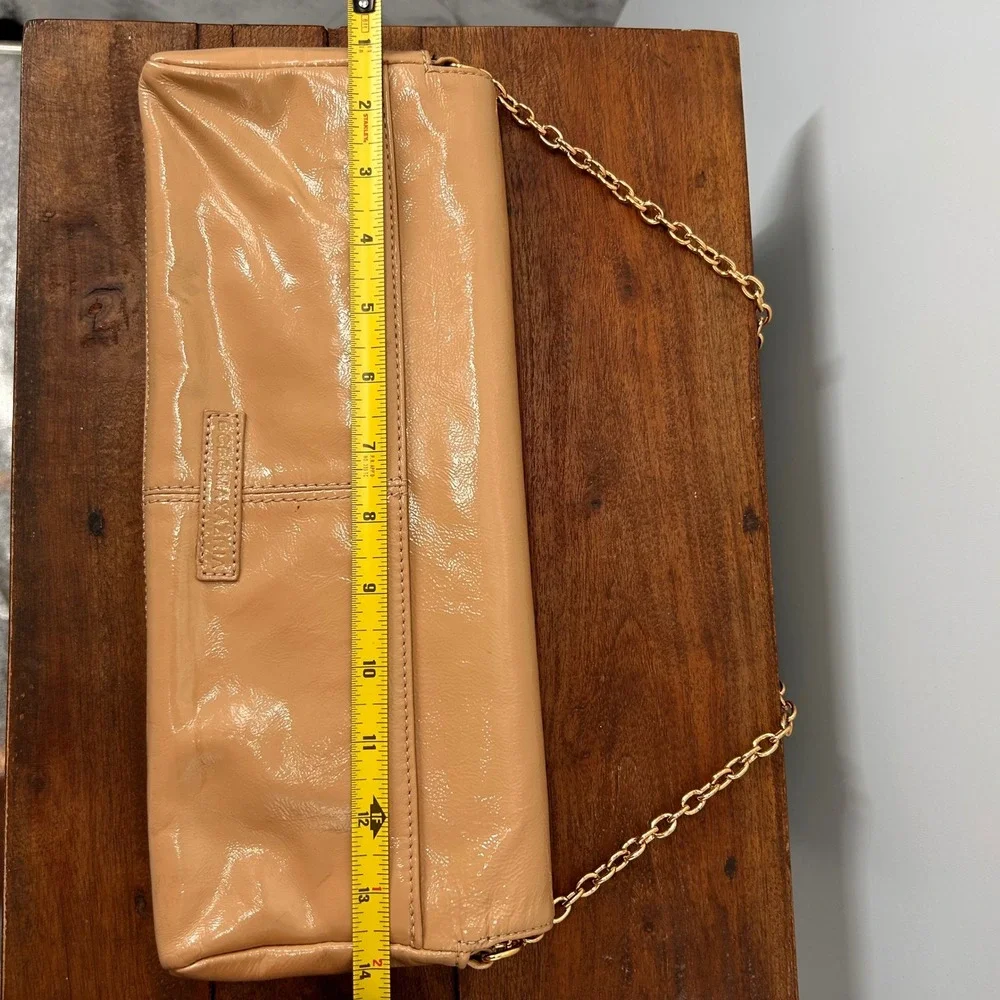 BCBGMAXAZRIA Tan Patent Leather Envelope Clutch Gold Chain Detail Bag
